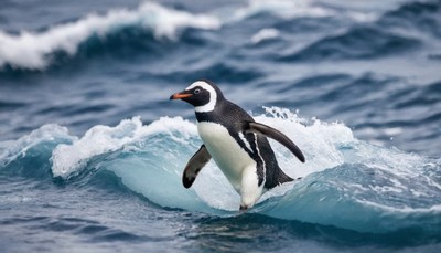 Penguin surfs a wave in the ocean