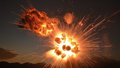 Nighttime explosion with sparks