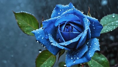 Blue rose in rain