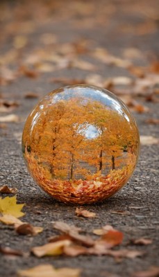 Autumn leaves through a glass sphere