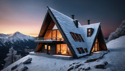 A-frame cabin on snowy mountaintop