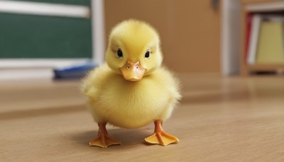Baby duckling standing on wooden floor