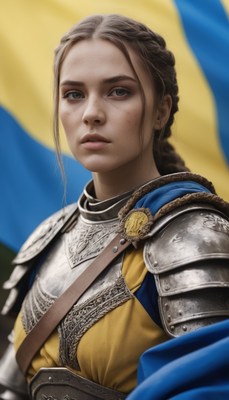 Woman in armor with yellow and blue flag