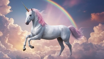 Unicorn leaping through clouds