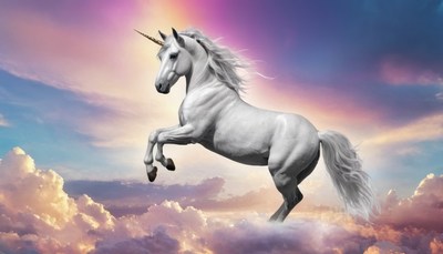 Unicorn leaping through clouds