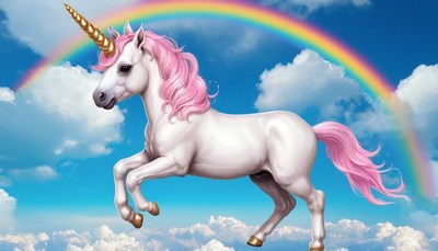 Unicorn leaping through clouds and rainbow
