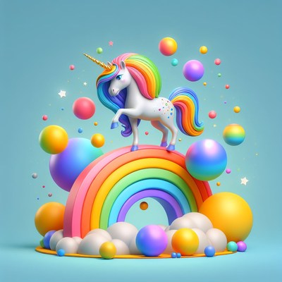 Unicorn standing on rainbow with balls