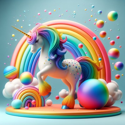 Unicorn standing under rainbow