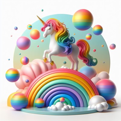 Unicorn standing on rainbow with colorful spheres