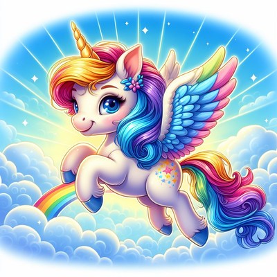 Rainbow unicorn flying above clouds
