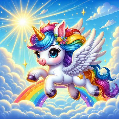 Rainbow unicorn flying through clouds