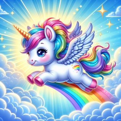 Unicorn flying over rainbow