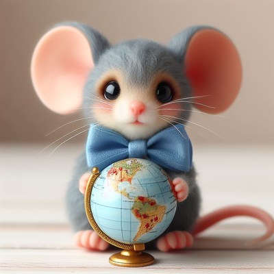 Gray mouse holding globe