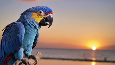 Blue parrot at sunset