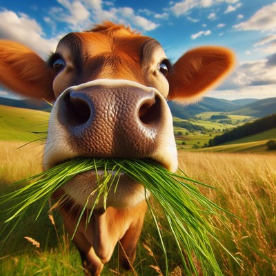 Cow eating grass in field