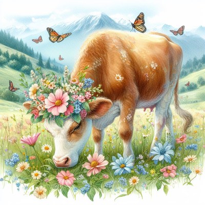 Cow with flower crown grazing in meadow