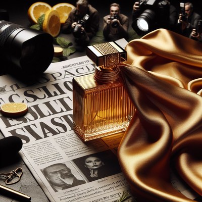 Gold perfume bottle on newspaper