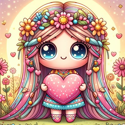 Cute girl holding heart in flower field