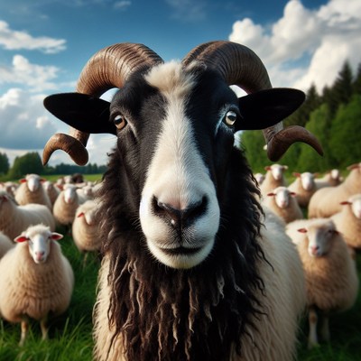 Black and white ram leading flock