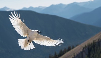 White bird soaring over mountains