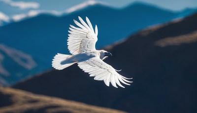 White hawk soaring over mountains