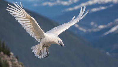White raven soaring over mountains