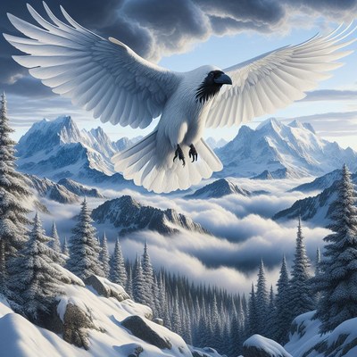 White raven soaring above snowy mountains