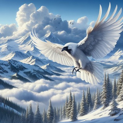 White raven soaring above snowy mountains