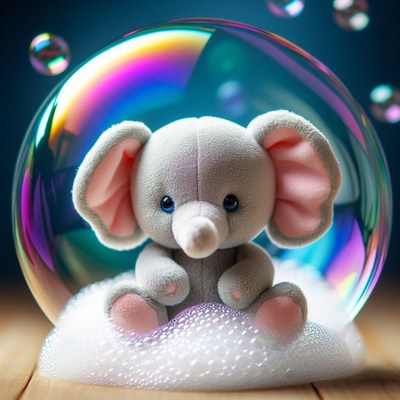 Elephant stuffed animal inside bubble