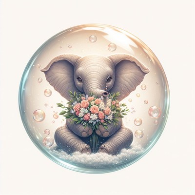 Elephant holding flowers in bubble
