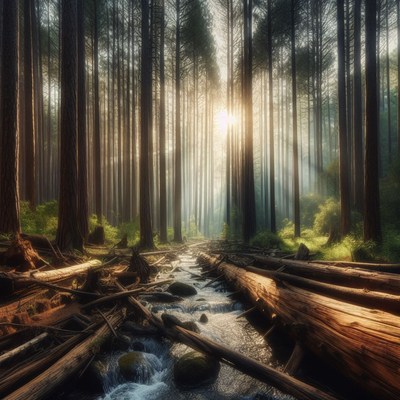 Forest stream at sunrise