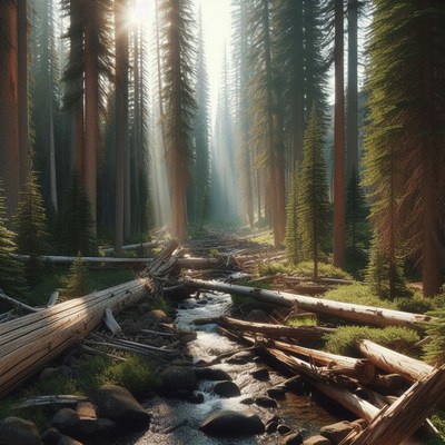 Sunbeams through a forest stream