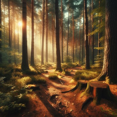 Sunlit forest path at dawn