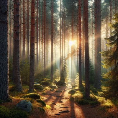 Sunbeams through forest trees