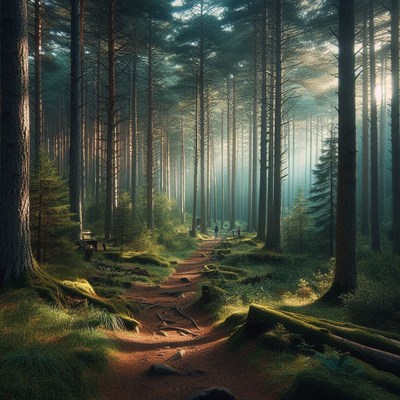 Sunlight through pine forest trail