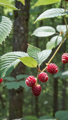 Ripe raspberries on a branch in the woods