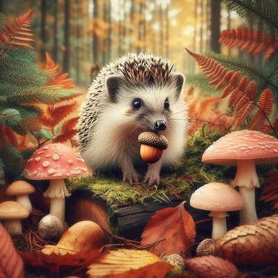 Hedgehog holding acorn in autumn forest