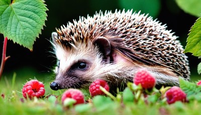 Hedgehog eating raspberries in garden