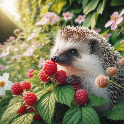 Hedgehog eating raspberries in a garden