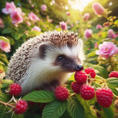 Hedgehog eating raspberries in garden