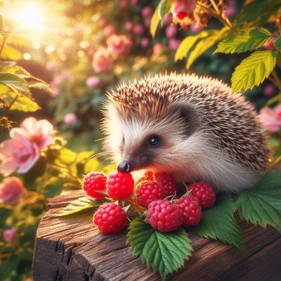 Hedgehog eating raspberries in garden