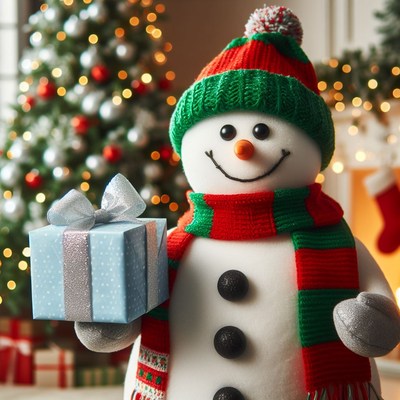 Smiling snowman holding gift