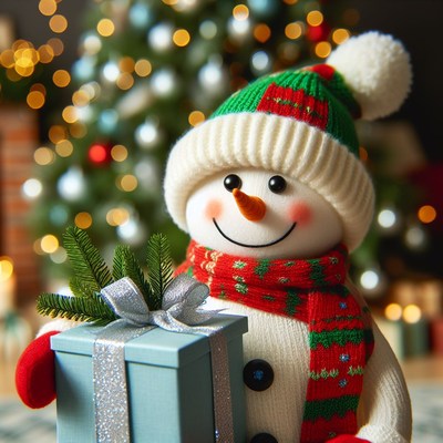 Smiling snowman holding gift
