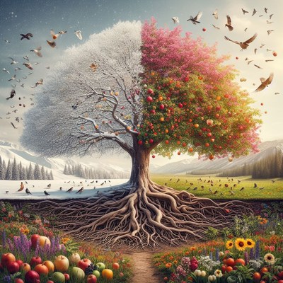 Tree of seasons with birds
