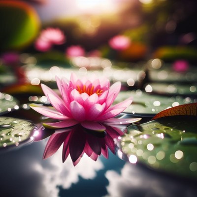 Pink water lily reflecting in pond