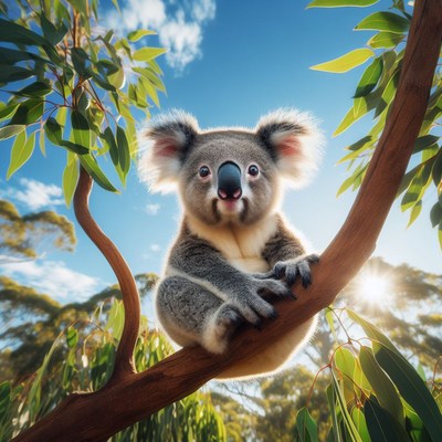 Koala sitting on branch in sunlight