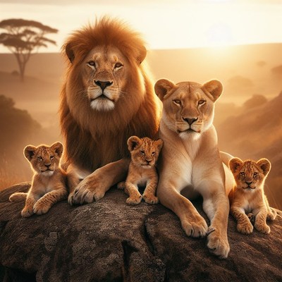 Lion family at sunset