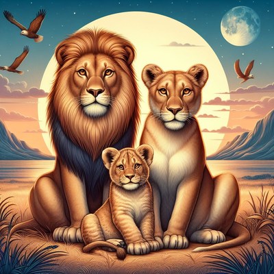 Lion family under full moon