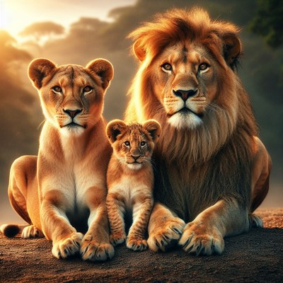 Lion family at sunset