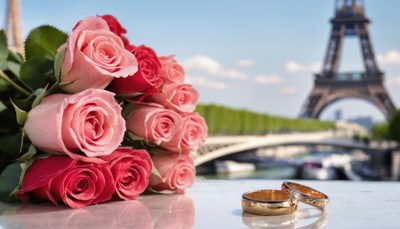 Wedding rings and roses in paris
